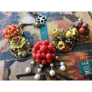 Vintage Orange & Yellow Pearl Flower Assemblage Upcycled Necklace Pin Up Style